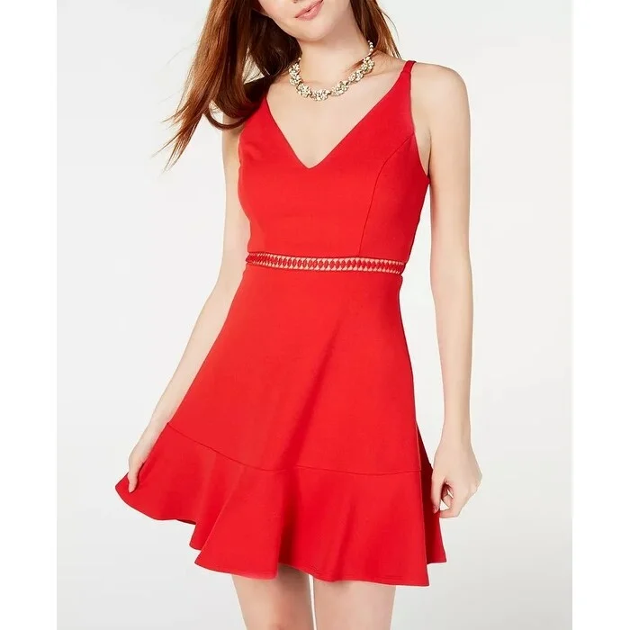 Women's Casual Swing Dresses-Speechless Junior's V Neck Skater Dress Red Size 13