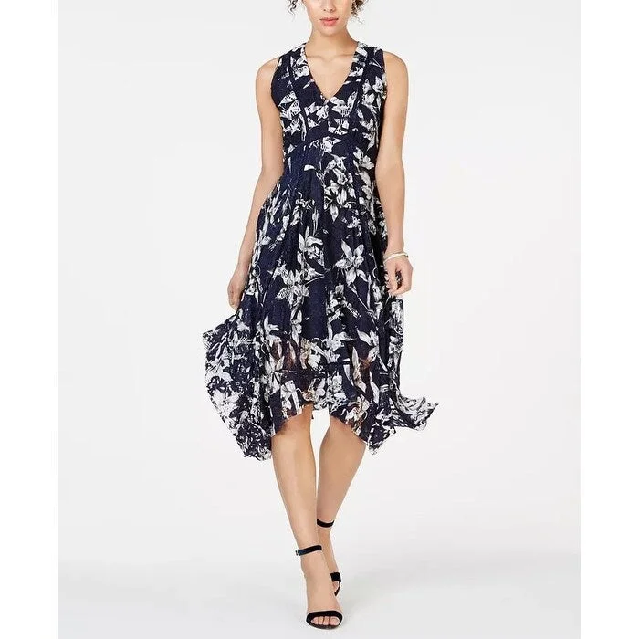 Women's Casual Night Out Print Dresses-Taylor Women's Printed Lace Handkerchief Hem Dress Black Size 4