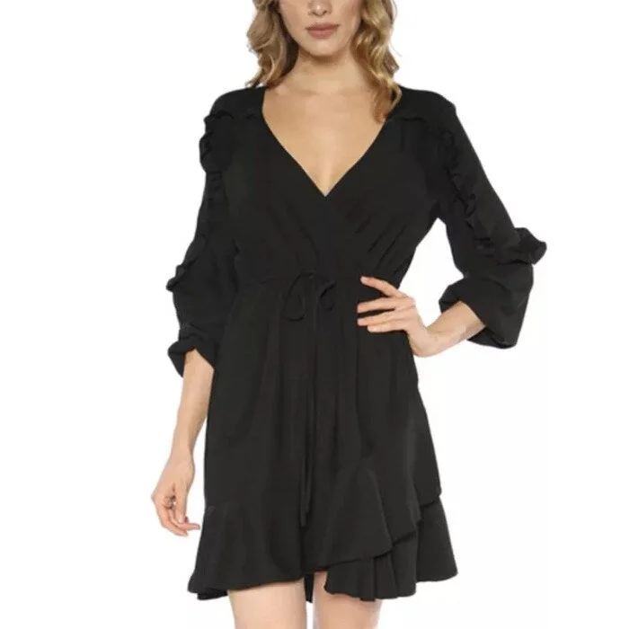 Women's Casual Date Solid Color Dresses-Teeze Me Junior's Ruffled Wrap Dress Black Size 0