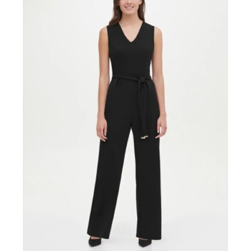 Women's Casual Maxi Beach Dresses-Tommy Hilfiger Women's Belted V-Neck Jumpsuit Black Size 4