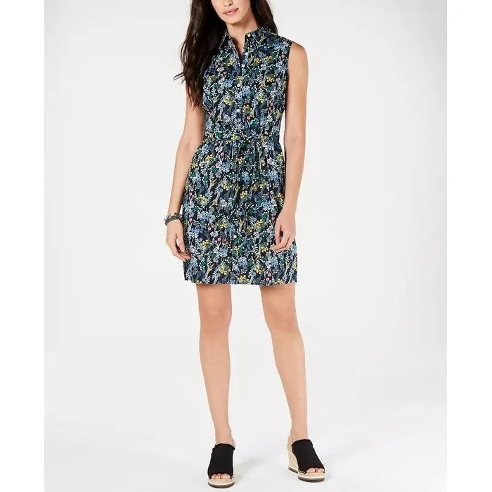 Women's Casual T-Shirt Print Dresses-Tommy Hilfiger Women's Cotton Floral-Print Belted Shirtdress Blue Size 2