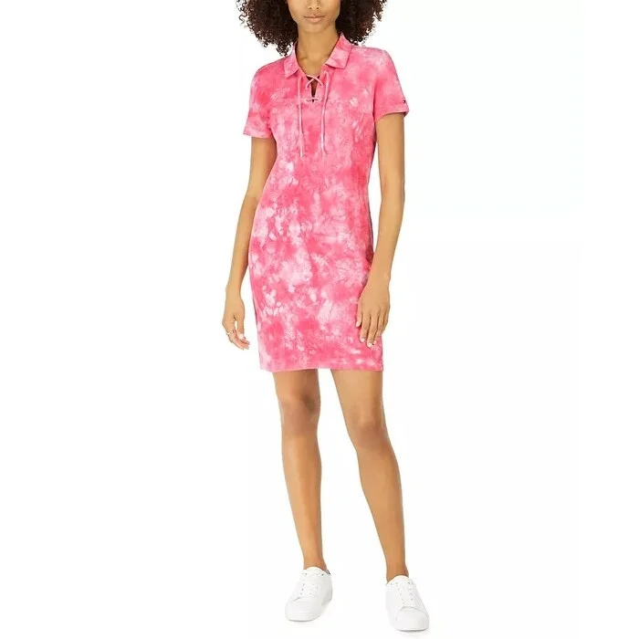 Women's Casual Print Dresses-Tommy Hilfiger Women's Cotton Tie-Dyed Polo Dress Pink Size ium - Medium