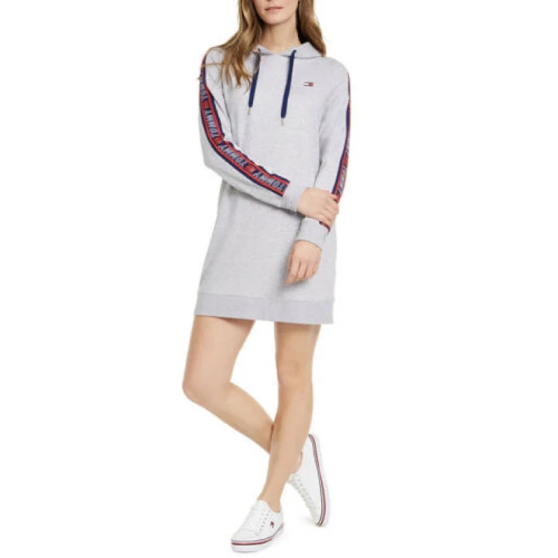 Women's Casual Travel Floral Dresses-Tommy Hilfiger Women's Sport Logo Hoodie Dress Silver Size X-Large - XL