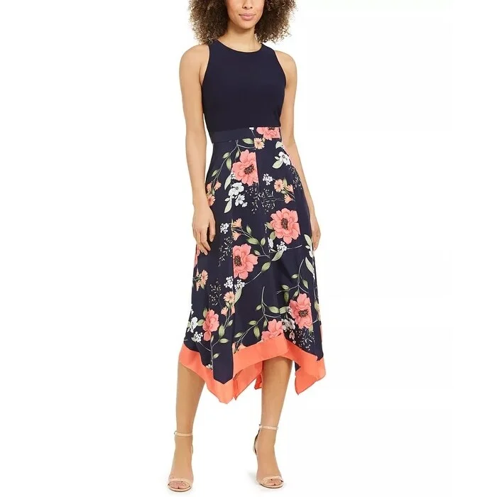 Women's Casual Breezy Dresses-Vince Camuto Women's Petite A-Line Floral-Print Dress Blue Size 0.75