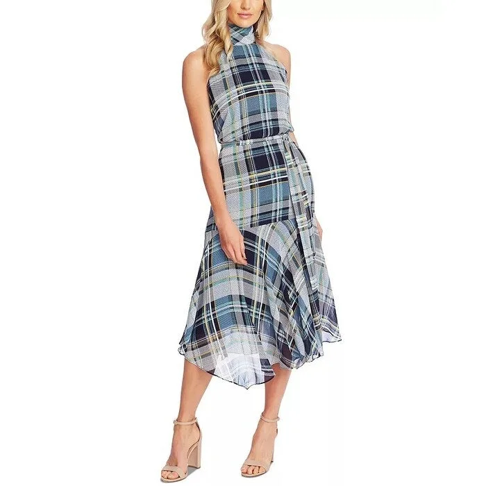 Women's Casual Picnic Print Dresses-Vince Camuto Women's Plaid Elements Mock Neck Dress Navy Size 6