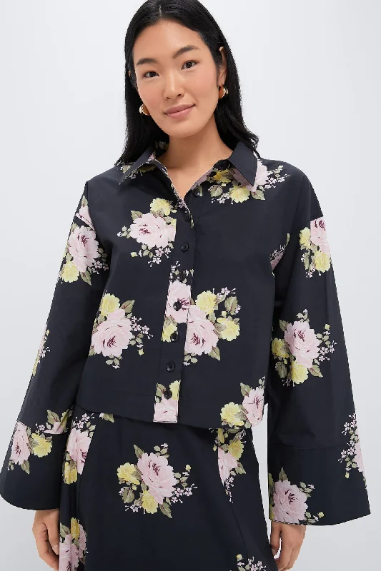 Black Posy Poplin Cropped Shirt