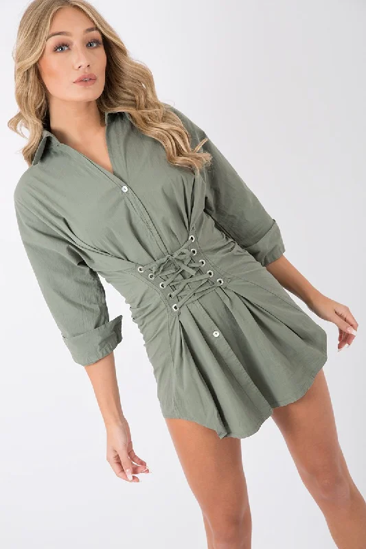 Khaki Corset Front Shirt Dress - Malika