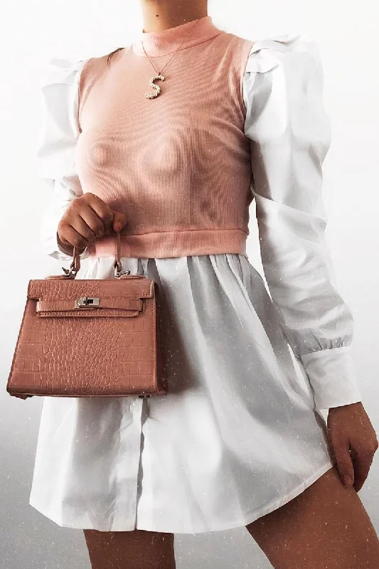 Pink Overlay Detail Puff Sleeve White Shirt Dress - Olah