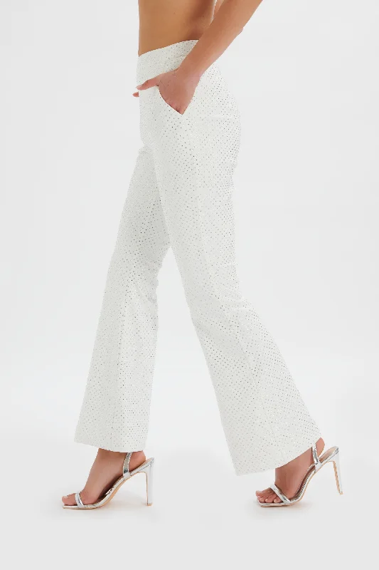 Women's Button Fly Pants-ELLISA Crystal Embellished Fit and Flare Trouser in White