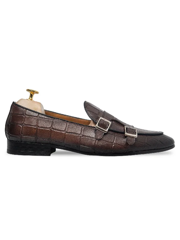 Women's Cutout T-Shirts-Belgian Loafer - Dark Brown Croco Double Monk Strap (Hand Painted Patina)