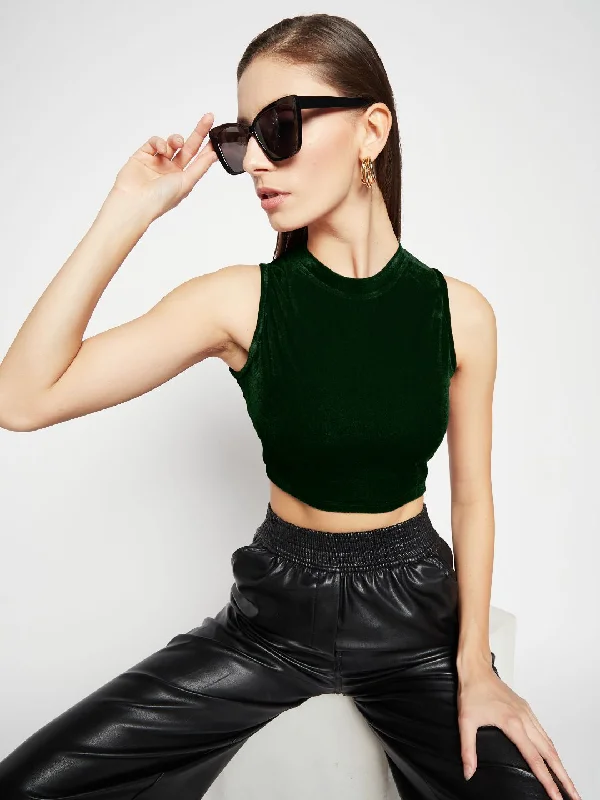 Women's Faux Suede T-Shirts-Stretchable Velvet High Neck Crop Top