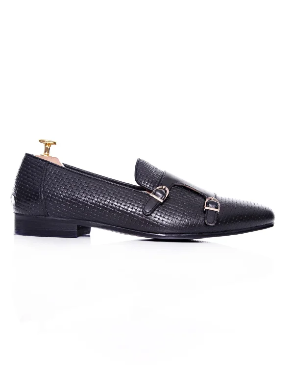 Women's Deconstructed T-Shirts-Loafer Slipper - Black Double Monk Strap with Woven Leather