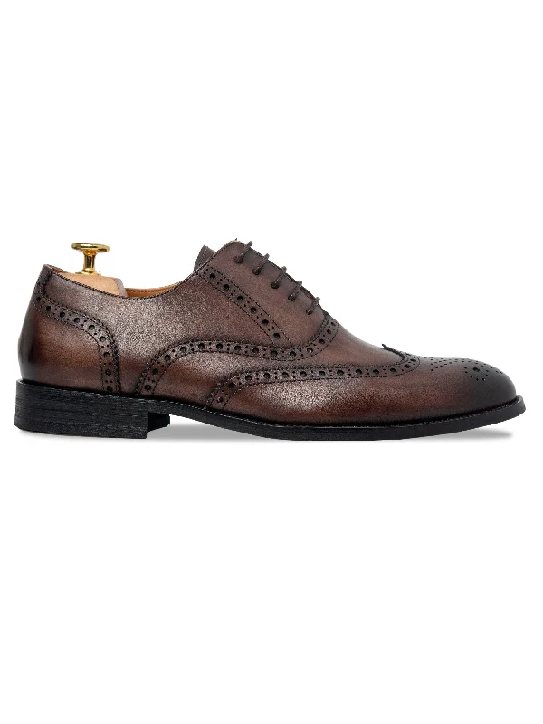 Women's Embroidered T-Shirts-Classic Oxford Brogue Wingtip - Dark Brown Lace Up (Hand Painted Patina)