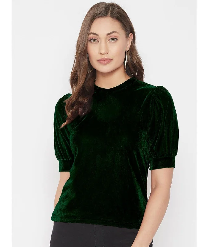 Women's V-Neck T-Shirts-Stretchable Velvet High Neck Puff Sleeve Top