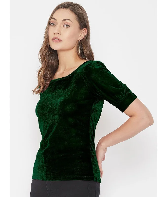 Women's Vacation T-Shirts-Stretchable Velvet Round Neck Puff Sleeve Top