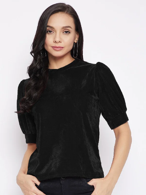 Women's Athletic T-Shirts-Stretchable Velvet High Neck Puff Sleeve Top