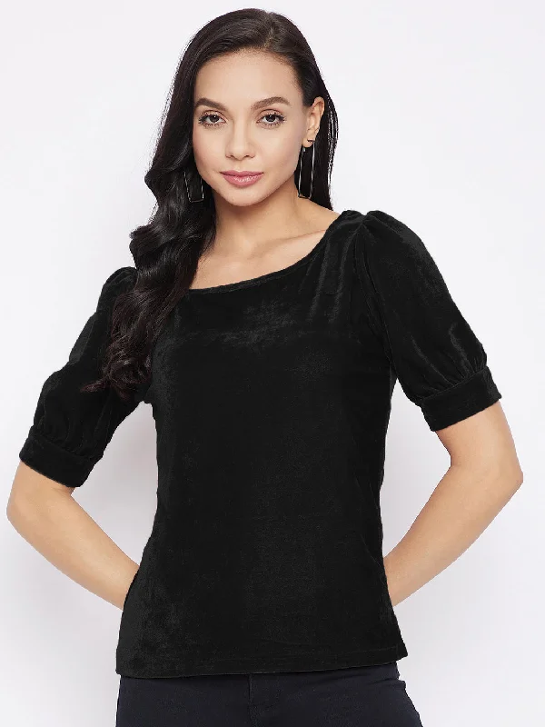 Women's Bold Print T-Shirts-Stretchable Velvet Round Neck Puff Sleeve Top