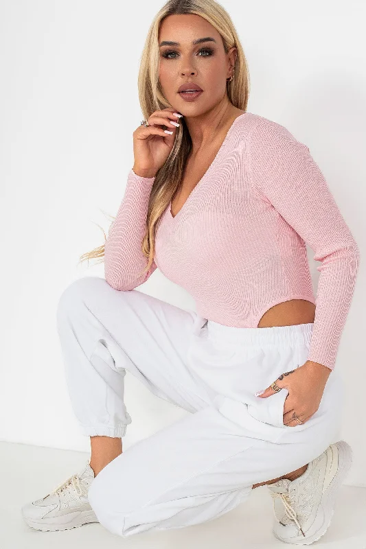 Women's Sequin Pleated Pullovers-Gabby Pink Knit Long Sleeve Bodysuit