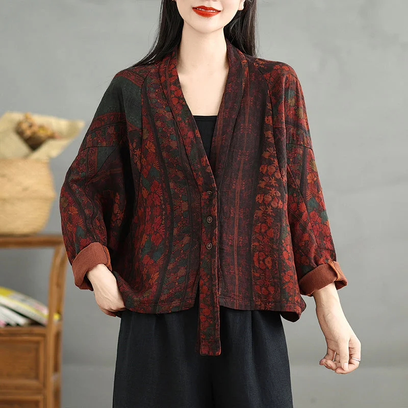 Women's Fleece Pleated Cardigans-Babakud Women Autumn Bat Sleeves Printed Cotton Casual Cardigan