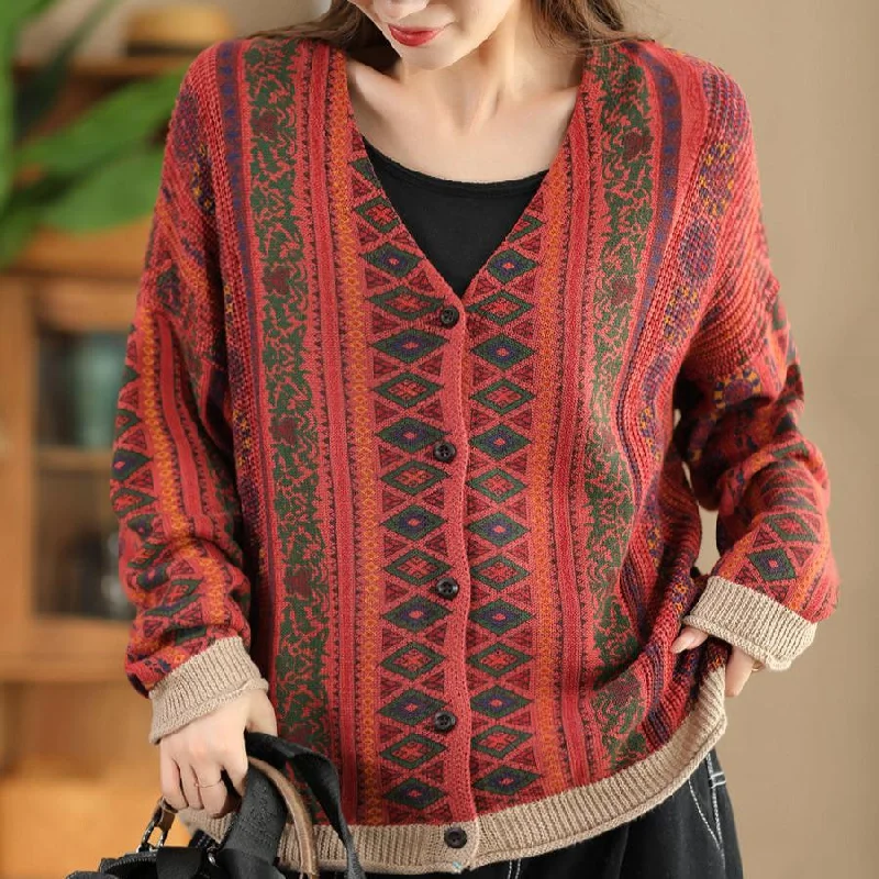 Women's Floral Print Cardigans-Babakud Women Autumn Color Printed Cotton Knit Cardigan