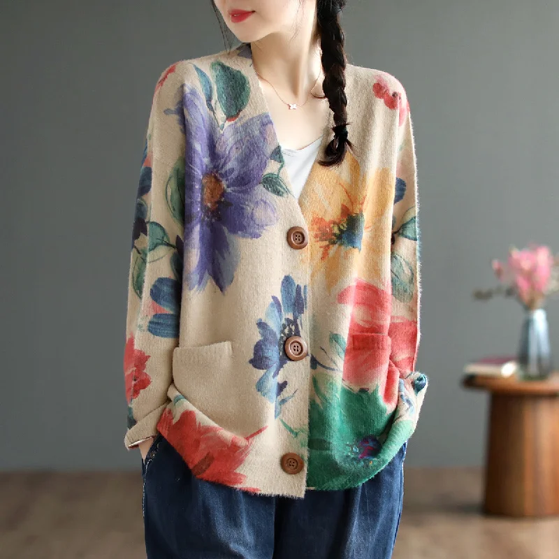 Women's Formal Cardigans-Babakud Women Autumn Retro Floral Cotton Cardigan