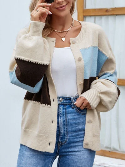 Women's Slit Pleated Cardigans-Color Block Button Up Lantern Sleeve Cardigan