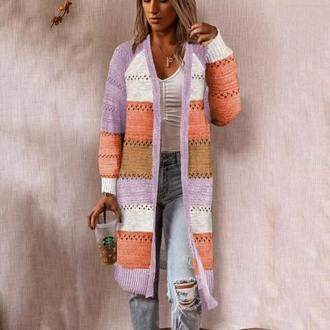 Women's Thermal Denim Cardigans-Color Block Open Front Openwork Cardigan