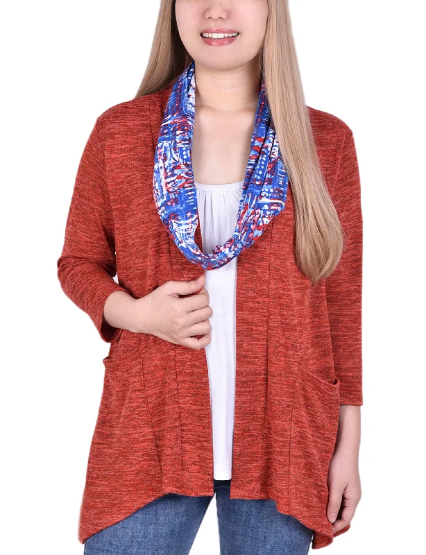 Women's Windproof Floral Cardigans-Cardigan With Inset And Detachable Printed Scarf