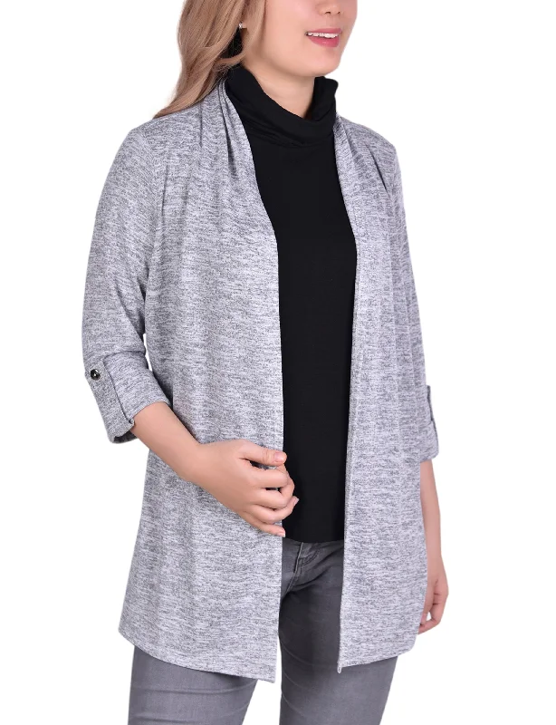 Women's Windproof Denim Cardigans-3/4 Sleeve Cardigan With Mask-Cowl Neck Inset