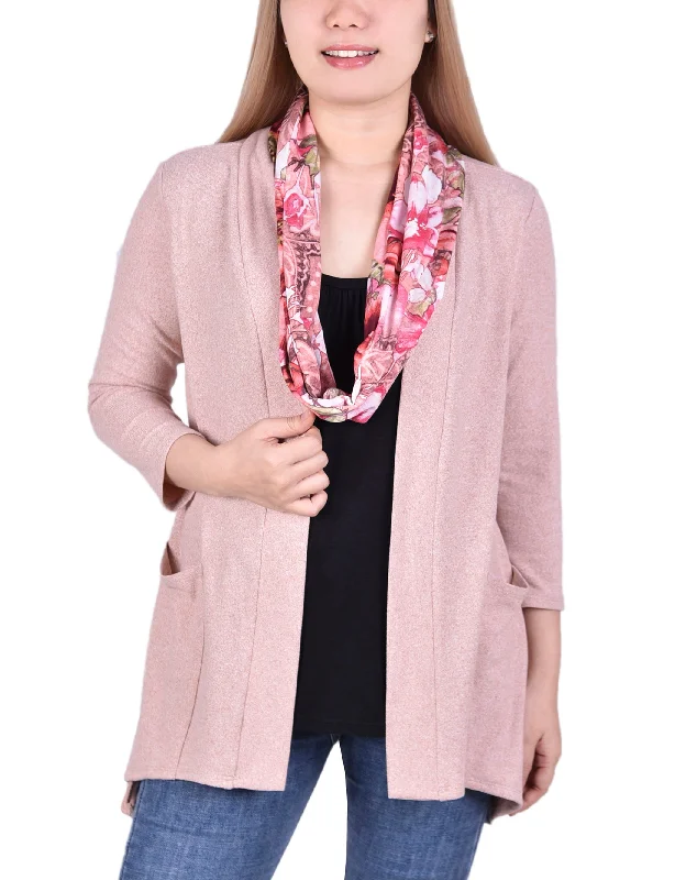 Women's Waterproof A-Line Cardigans-Petite Cardigan With Inset And Detachable Printed Scarf