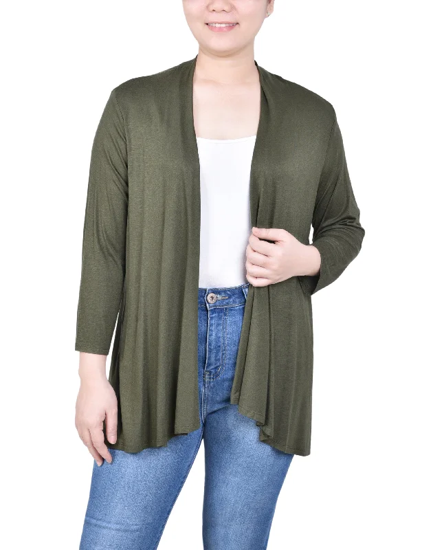 Women's V-Neck Cardigans-Petite 3/4 Sleeve Solid Cardigan