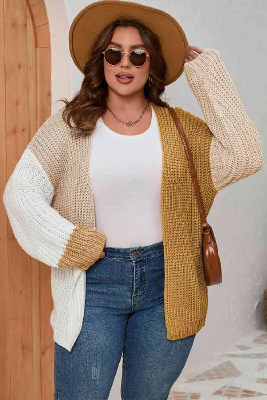 Women's Slit Denim Cardigans-Plus Size Color Block Dropped Shoulder Cardigan