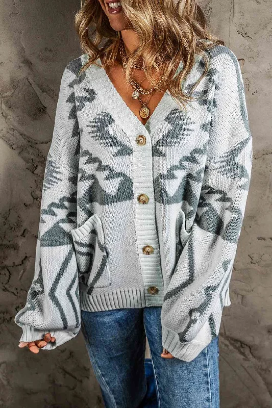 Women's Silk Denim Cardigans-Printed Button Up V-Neck Long Sleeve Cardigan