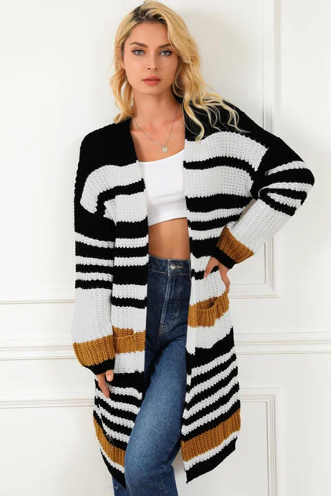 Women's Silk Pleated Cardigans-Striped Open Front Cardigan with Pockets