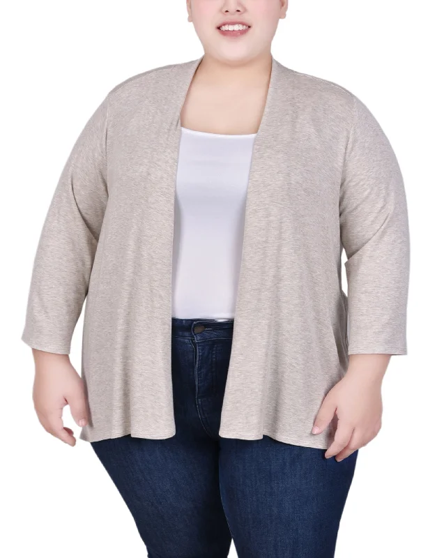 Women's Textured Denim Cardigans-Plus Size Solid 3/4 Sleeve Cardigan