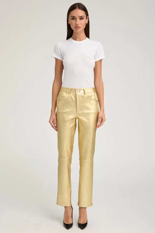 Women's High-Waisted Pants-Metallic Gold Leather Slim Straight