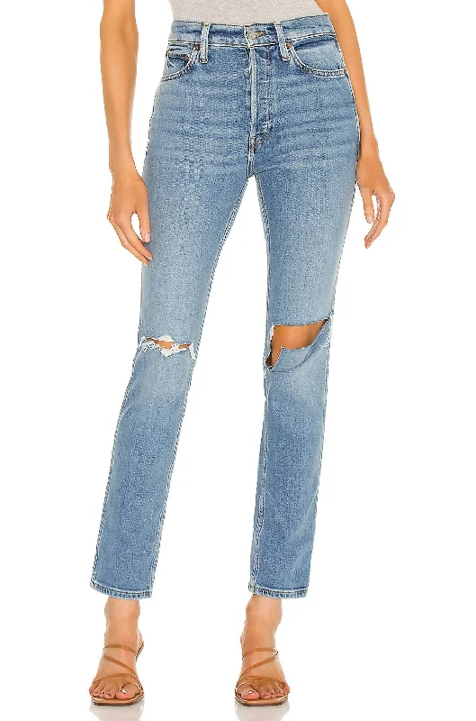 Women's Snap Button Pants-80's Slim Straight Jean In Brisk Blue With Rips