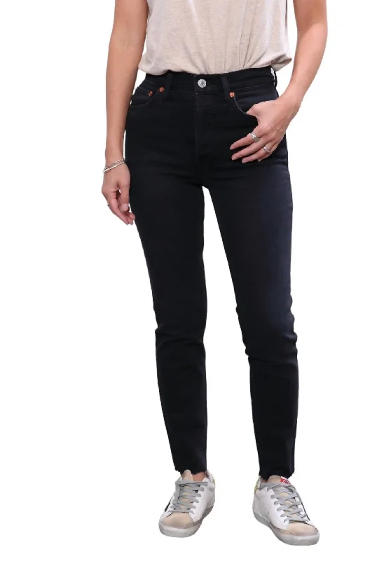 Women's Paperbag Waist Pants-90's High Rise Ankle Jean In Faded Black