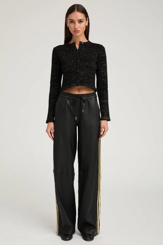 Women's Jogger Pants-Black & Gold Leather Baggy Athletic Pants