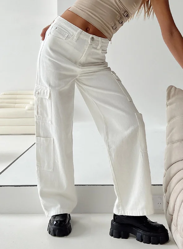 Women's Fold-Over Waist Pants-Barbara Cargo Jeans White Denim