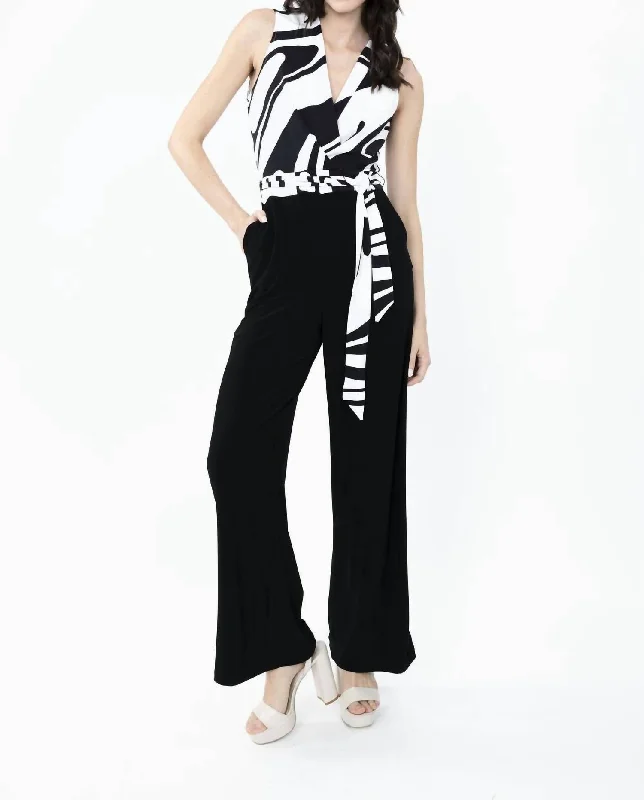 Women's Neon Pants-Belted Wrap V Neck Jumpsuit In Black/off White