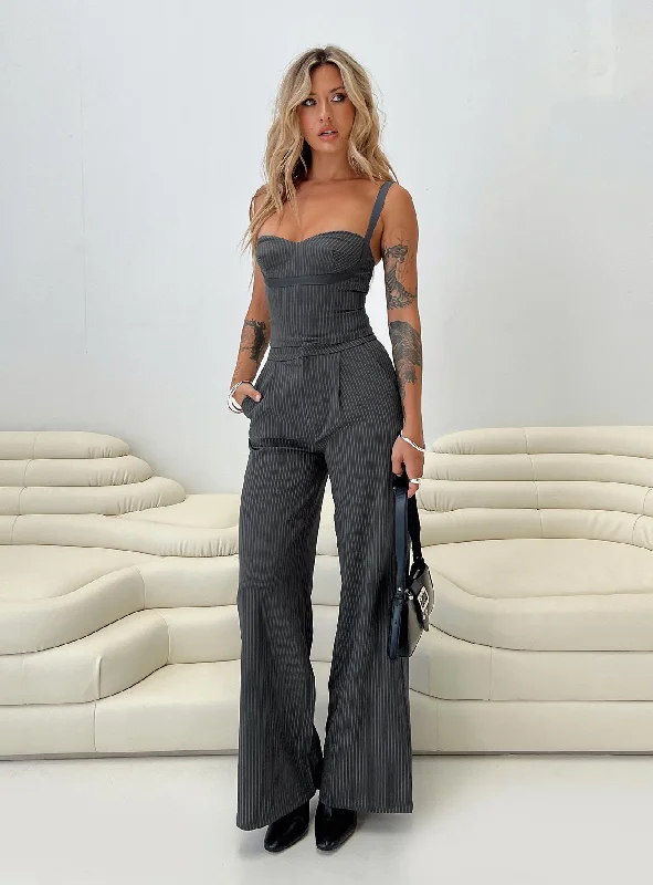 Women's Cropped Pants-Briana Set Charcoal Pinstripe