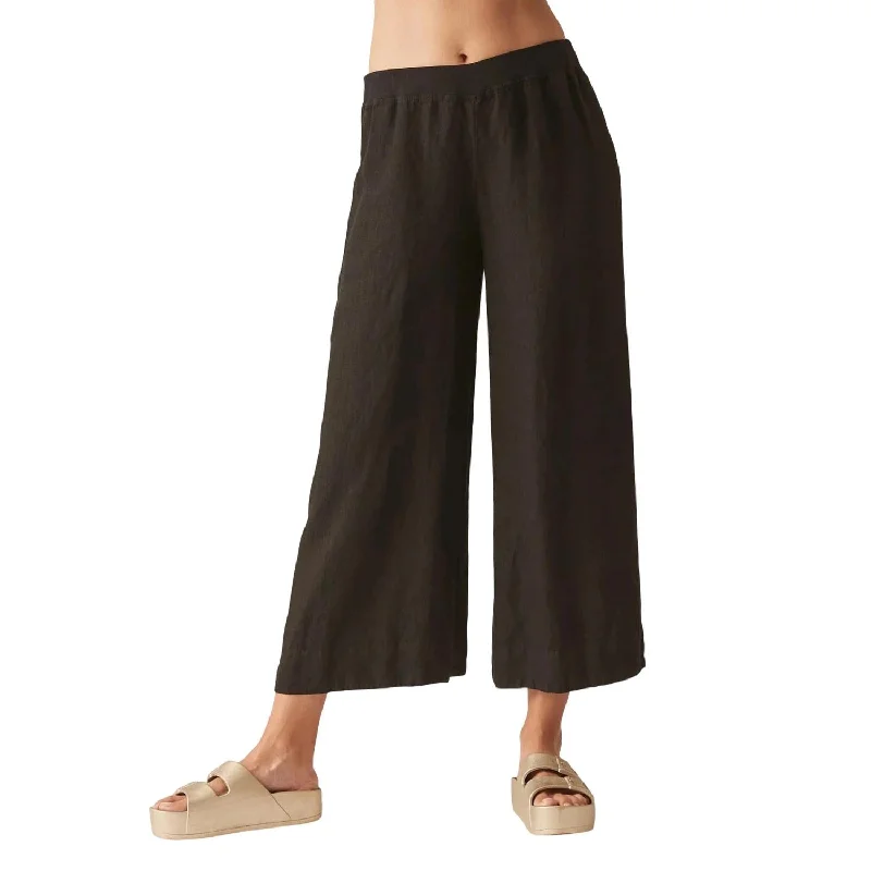 Women's Cinch-Waist Pants-Crop Gaucho Linen Pants In Black