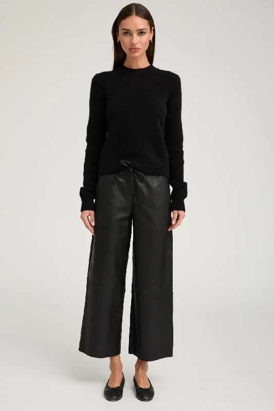 Women's Pastel Pants-Black Leather Cropped Baggy Pants