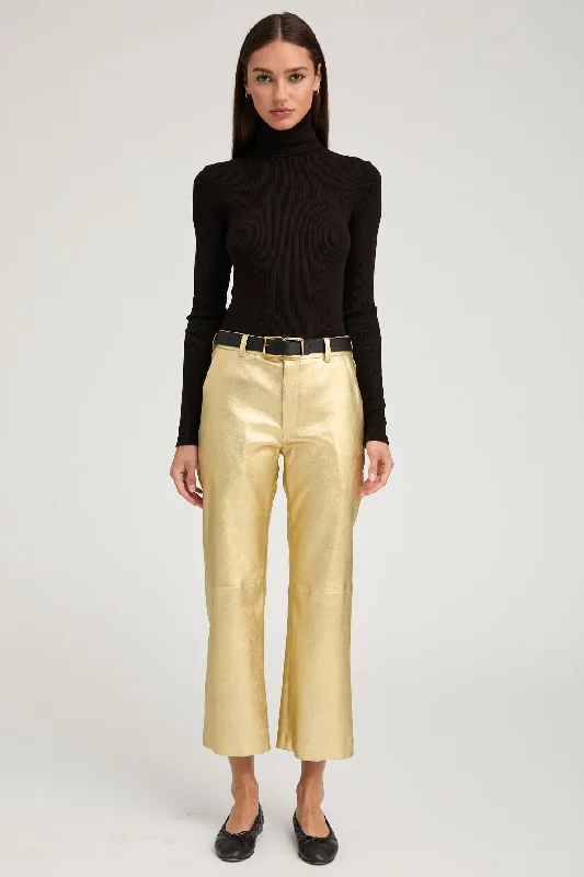 Women's Jean Pants-Metallic Gold Leather Cropped Trousers