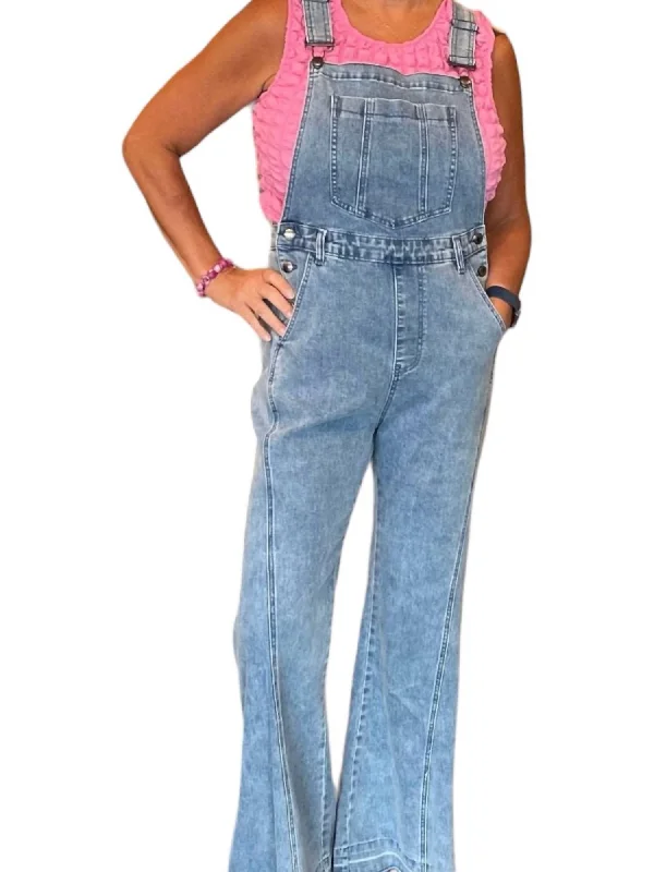 Women's Loose Fit Pants-Denim Bell Bottom Overalls In Light Denim