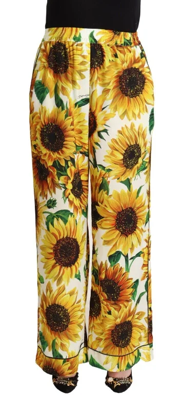 Women's Pleated Pants-Dolce & Gabbana Elegant Sunflower Wide Leg Women's Pants