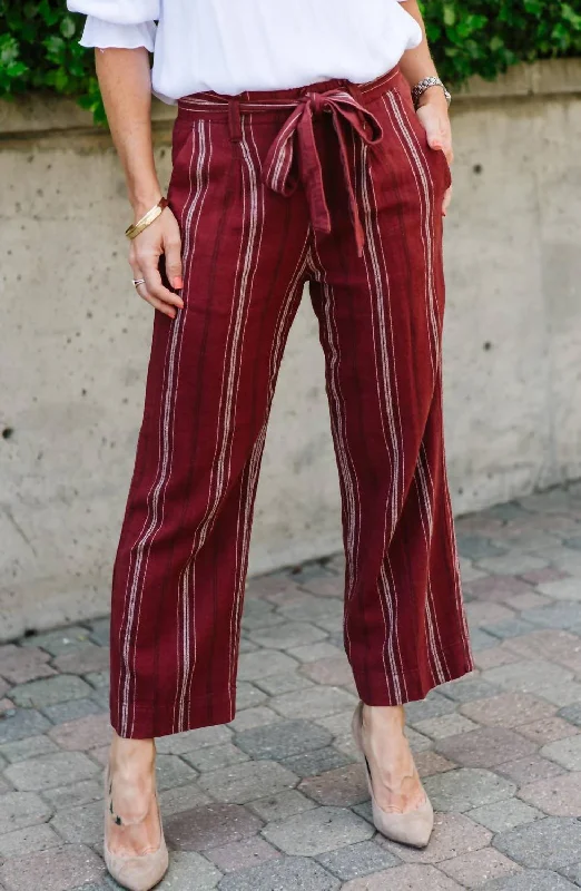 Women's Low Rise Pants-Inland Sashed Crop Pant In Henna Stripe