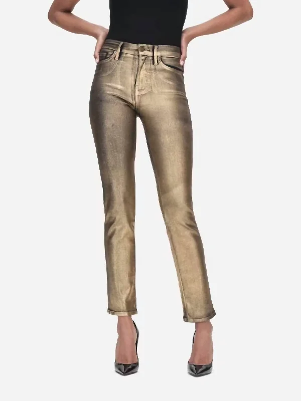 Women's Bell Bottom Pants-Le High Straight Coated In Gold Chrome