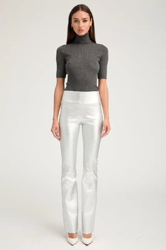 Women's Formal Pants-Metallic Silver Leather Micro Flare